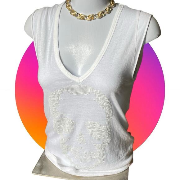 Zadig & Voltaire Brooklyn Strass White Skull Cotton Tshirt Sleeveless Top XS 0 2 - Picture 3 of 15